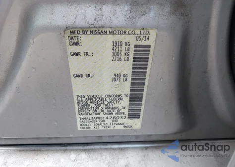 2014 Nissan Altima 2.5 Sl z USA, uszkodzony, nr VIN 1N4AL3AP8EC428032